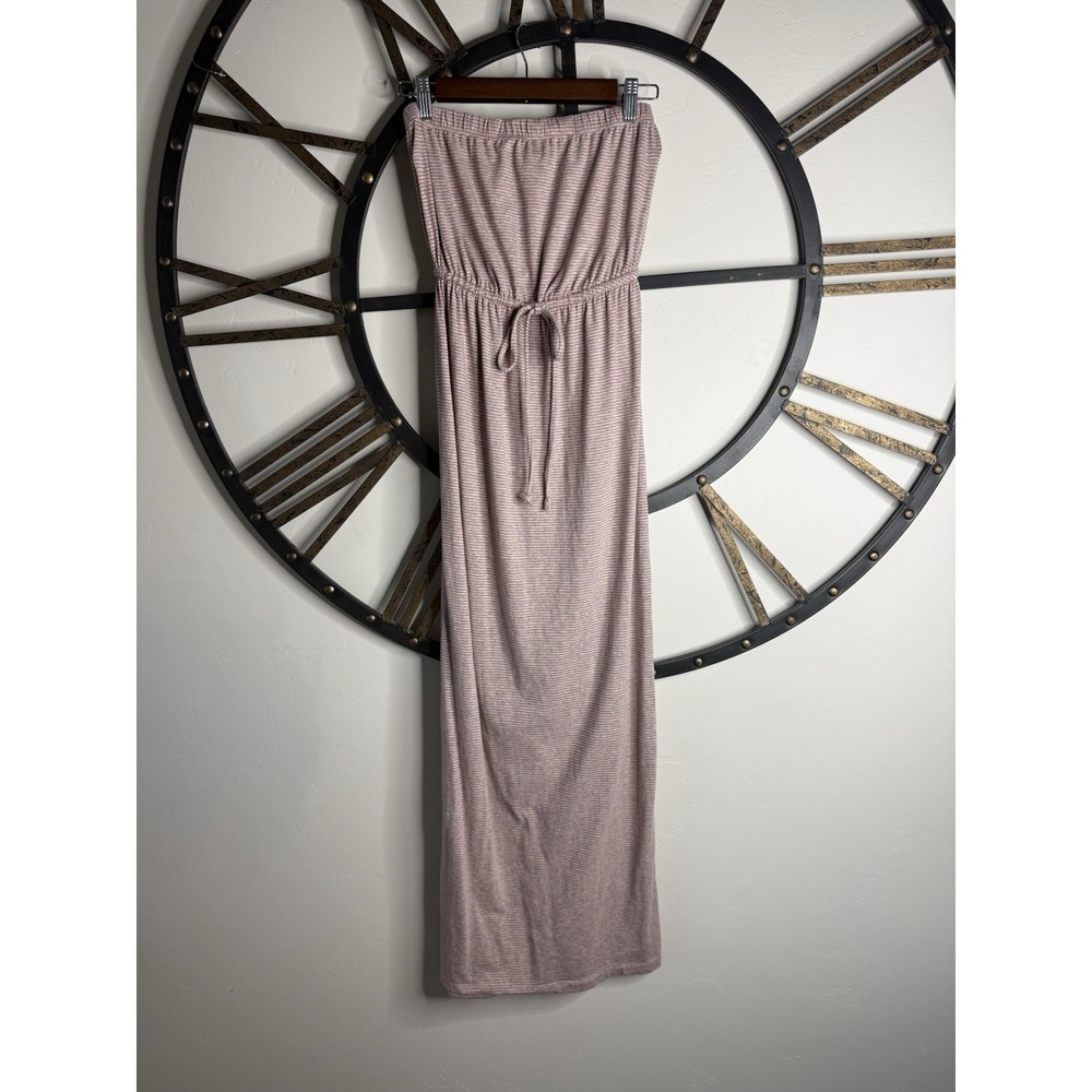 Cabi Pink Gray Striped Knit Strapless Maxi Dress with Drawstring Waist XS
